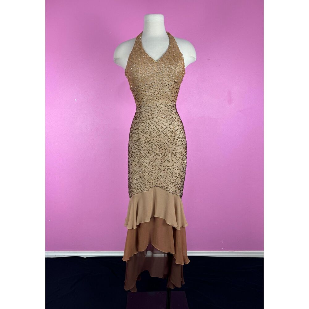 Vintage Y2K 2000s MIKE BENET Brown Ombré Beaded Maxi Prom Dress Ruffled Chiffon